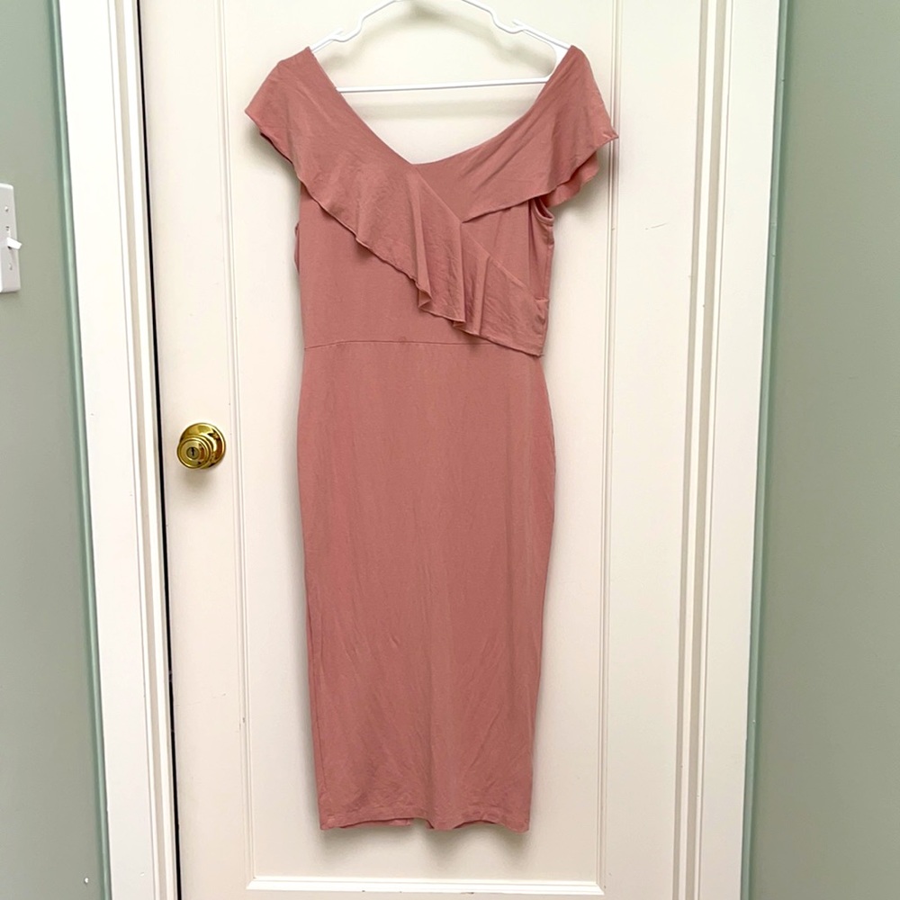 Blush pastel pink midi off-the-shoulder dress